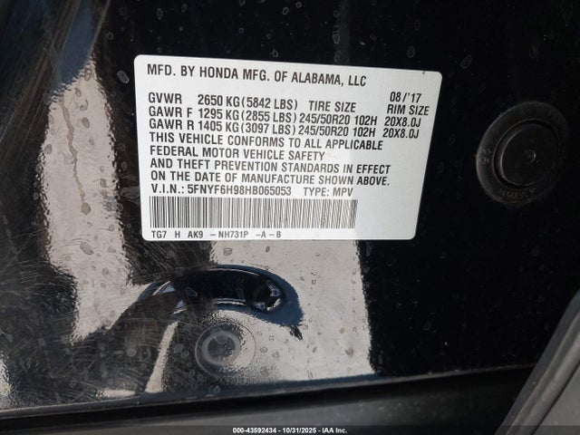 Aukcja sprzedaży 2017 Honda Pilot Touring, vin: 5FNYF6H98HB065053, numer aukcji: 43592434