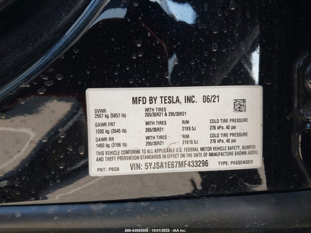 2021 TESLA MODEL S 5YJSA1E67MF433296 Photo 8