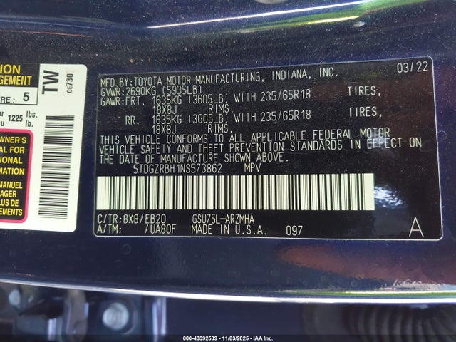 5TDGZRBH1NS573862 Toyota Highlander Xle