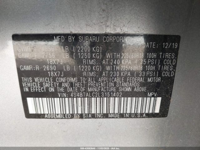 2020 SUBARU OUTBACK 4S4BTALC2L3151402 Photo 8