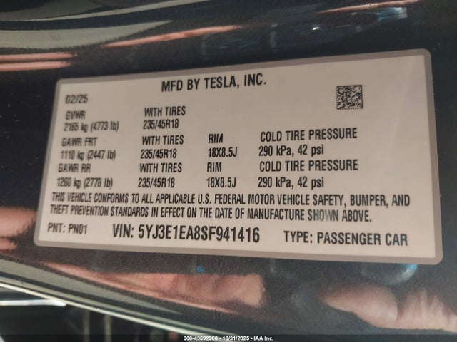 2025 TESLA MODEL 3 5YJ3E1EA8SF941416 Photo 8