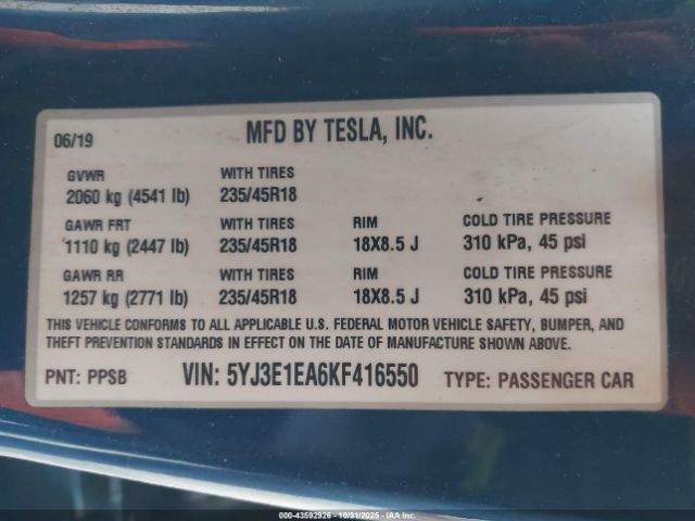 2019 TESLA MODEL 3 5YJ3E1EA6KF416550 Photo 8