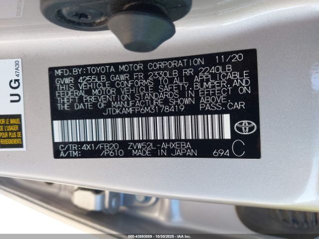 2021 TOYOTA PRIUS PRIME JTDKAMFP6M3178419 Photo 8