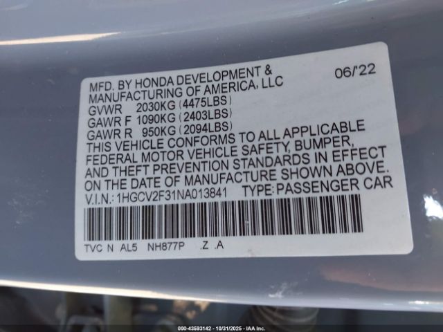 2022 HONDA ACCORD 1HGCV2F31NA013841 Photo 8