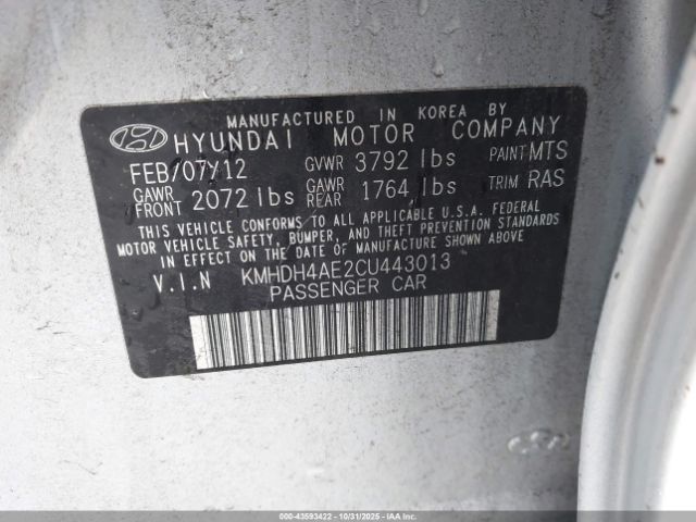 2012 HYUNDAI ELANTRA KMHDH4AE2CU443013 Photo 8