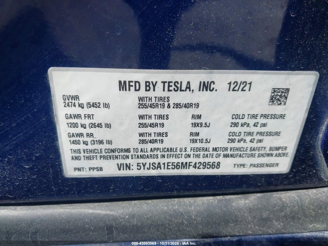 Aukcja sprzedaży 2021 Tesla Model S Long Range Dual Motor All-wheel Drive, vin: 5YJSA1E56MF429568, numer aukcji: 43593569