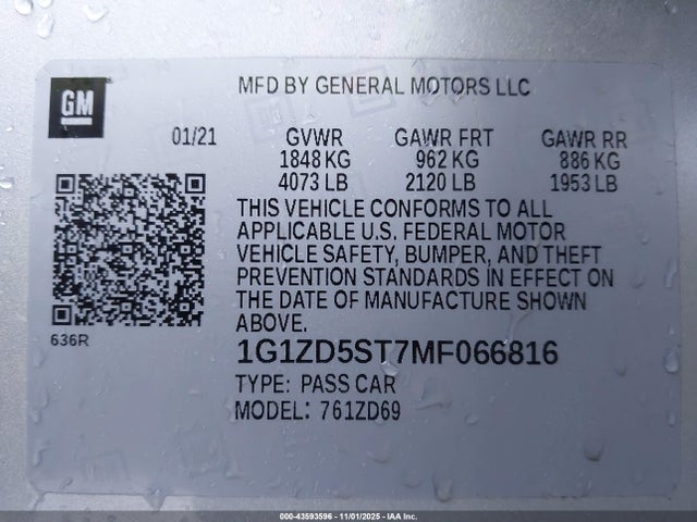 Chevrolet lfv - direct injection, variable valve timing, gen 1 gmna 2021 1G1ZD5ST7MF066816 Image 9