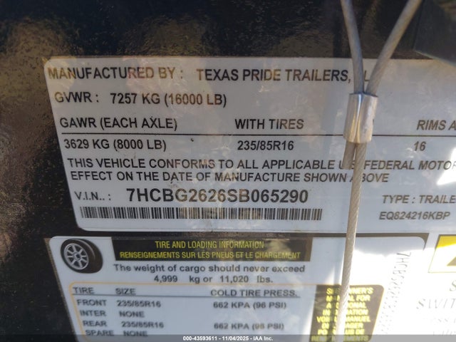 43593611 :رقم المزاد ، 7HCBG2626SB065290 vin ، 2025 Texas Pride Trailers Unknown مزاد بيع