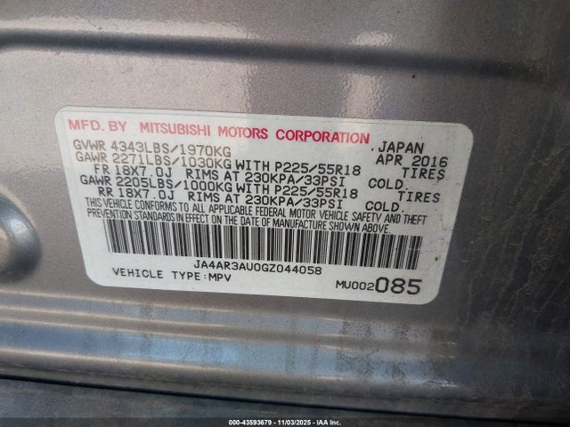 43593679 :رقم المزاد ، JA4AR3AU0GZ044058 vin ، 2016 Mitsubishi Outlander Sport 2.0 Es مزاد بيع