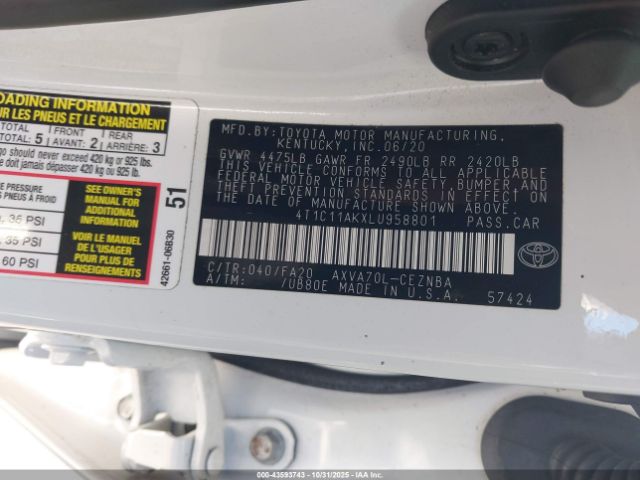 2020 TOYOTA CAMRY 4T1C11AKXLU958801 Photo 8