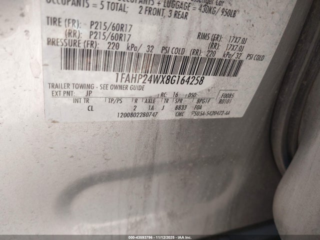 2008 Ford Taurus Sel მანქანა იყიდება აუქციონზე, vin: 1FAHP24WX8G164258, აუქციონის ნომერი: 43593796
