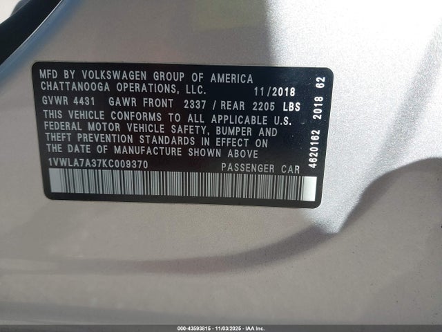 Продажа на аукционе авто 2019 Volkswagen Passat 2.0t Wolfsburg Edition, vin: 1VWLA7A37KC009370, номер лота: 43593815