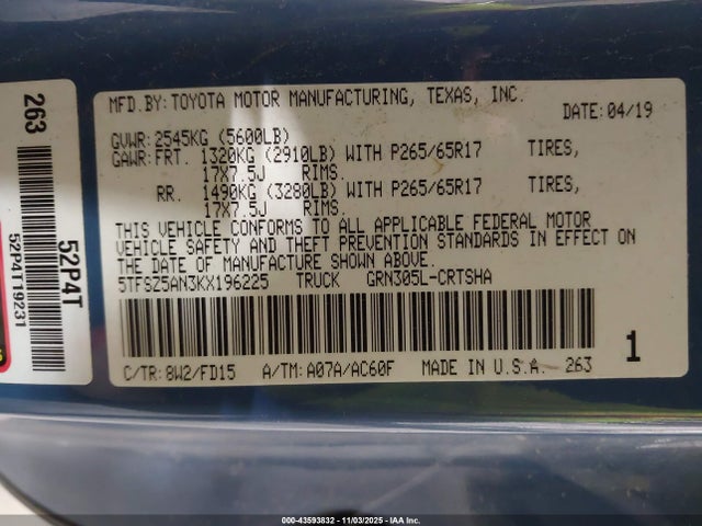 5TFSZ5AN3KX196225 Toyota Tacoma Trd Sport