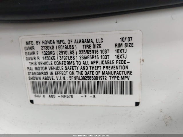 Aukcja sprzedaży 2008 Honda Odyssey Lx, vin: 5FNRL38258B001972, numer aukcji: 43594001