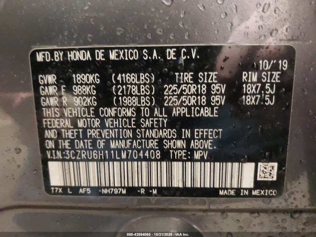 Auction sale of the 2020 Honda Hr-v Awd Sport, vin: 3CZRU6H11LM704408, lot number: 43594065