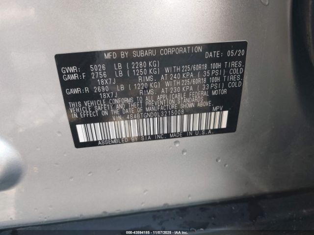 2020 SUBARU OUTBACK 4S4BTGND0L3215008 Photo 8