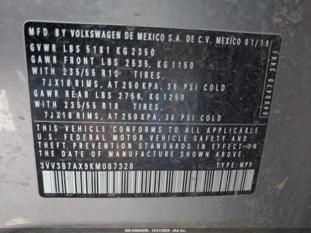 2019 VOLKSWAGEN TIGUAN 3VV3B7AX9KM087328 Photo 8