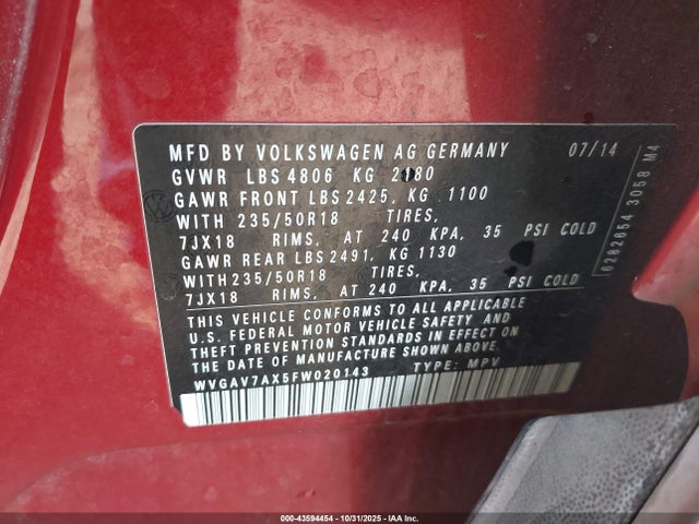 WVGAV7AX5FW020143 Volkswagen TIGUAN SE