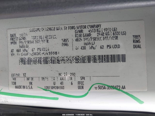 43594556 :رقم المزاد ، 1FDBF6ZM3GKA18681 vin ، 2016 Ford Transit-350 Cab مزاد بيع