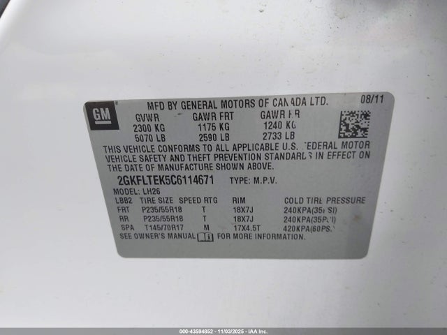 Aukcja sprzedaży 2012 Gmc Terrain Sle-2, vin: 2GKFLTEK5C6114671, numer aukcji: 43594852