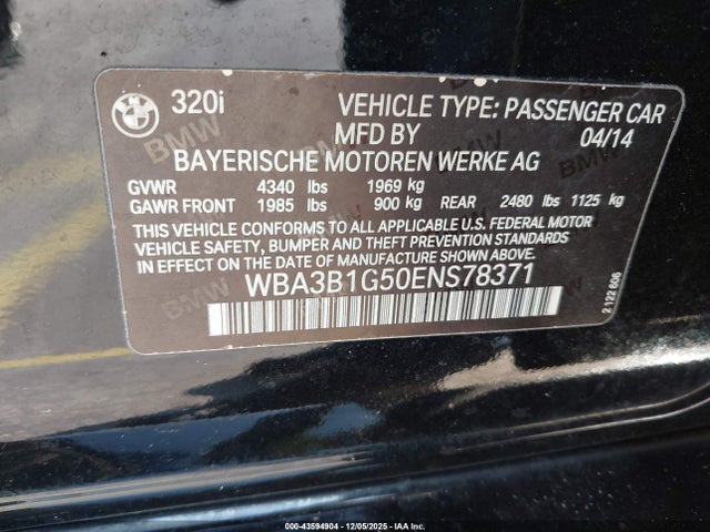 Продаж на аукціоні авто 2014 Bmw 320i, vin: WBA3B1G50ENS78371, номер лоту: 43594904