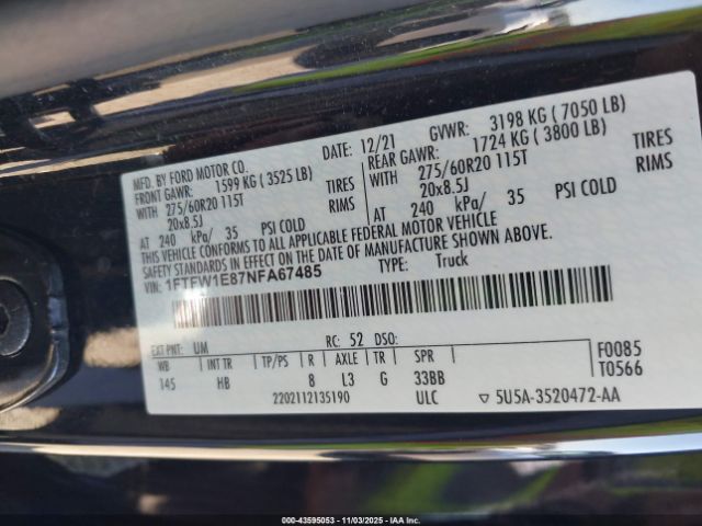 2022 FORD F-150 1FTFW1E87NFA67485 Photo 8