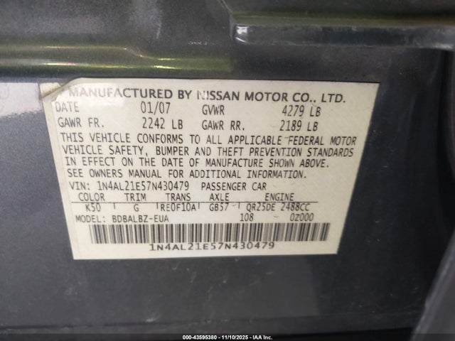 Auction sale of the 2007 Nissan Altima 2.5 S, vin: 1N4AL21E57N430479, lot number: 43595380