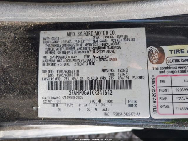 2012 FORD FUSION 3FAHP0GA1CR341642 Photo 8