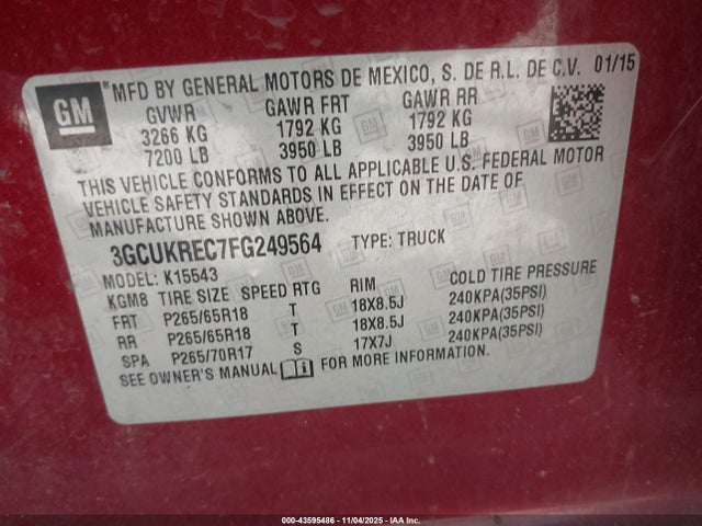 3GCUKREC7FG249564 Chevrolet Silverado 1500 2lt