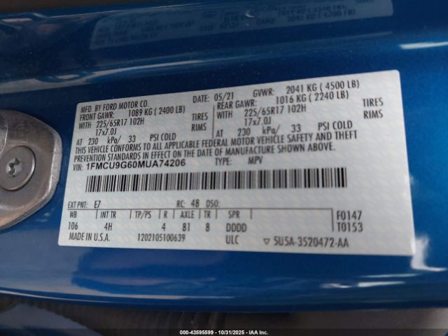 2021 FORD ESCAPE 1FMCU9G60MUA74206 Photo 8