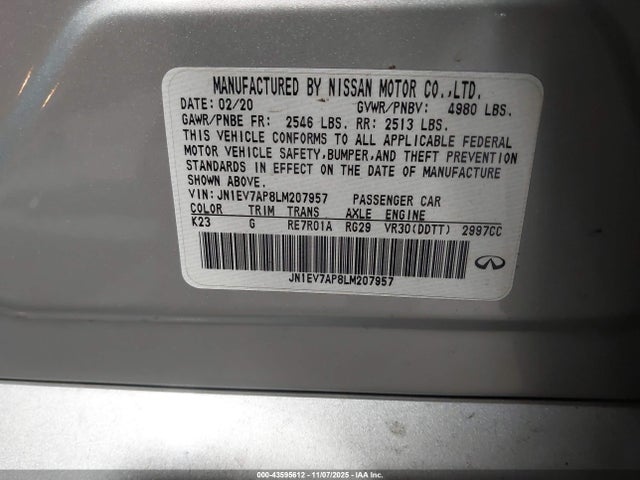 43595612 :رقم المزاد ، JN1EV7AP8LM207957 vin ، 2020 Infiniti Q50 Luxe مزاد بيع