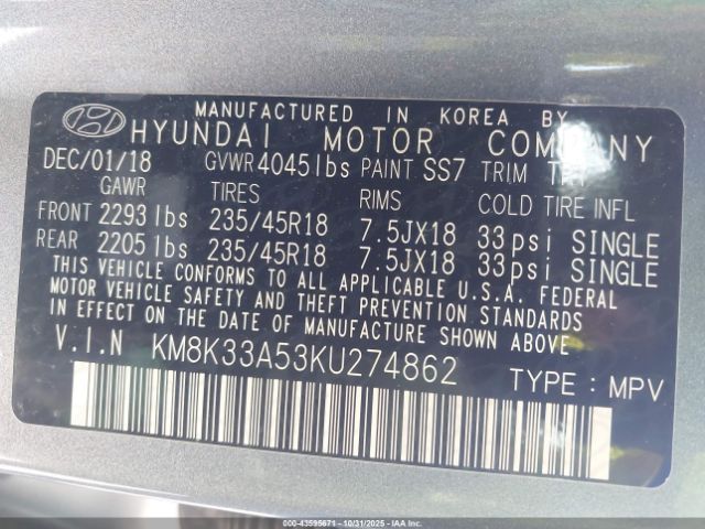 2019 HYUNDAI KONA KM8K33A53KU274862 Photo 8