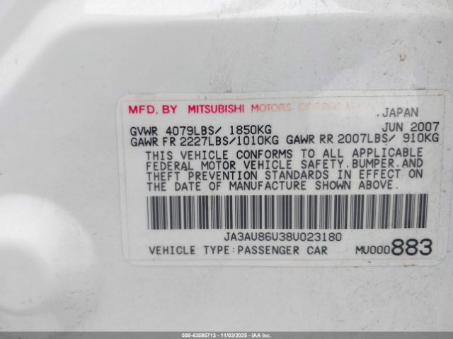 2008 MITSUBISHI LANCER JA3AU86U38U023180 Photo 8