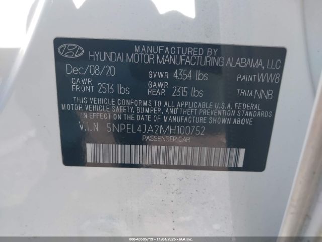2021 HYUNDAI SONATA 5NPEL4JA2MH100752 Photo 8
