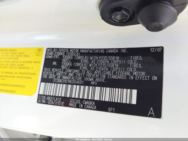 Aukcja sprzedaży 2008 Lexus Rx 350, vin: 2T2GK31U18C054691, numer aukcji: 43595916