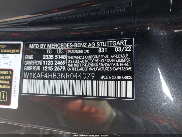 43596009 :رقم المزاد ، W1KAF4HB3NR044079 vin ، 2022 Mercedes-benz C 300 4matic مزاد بيع