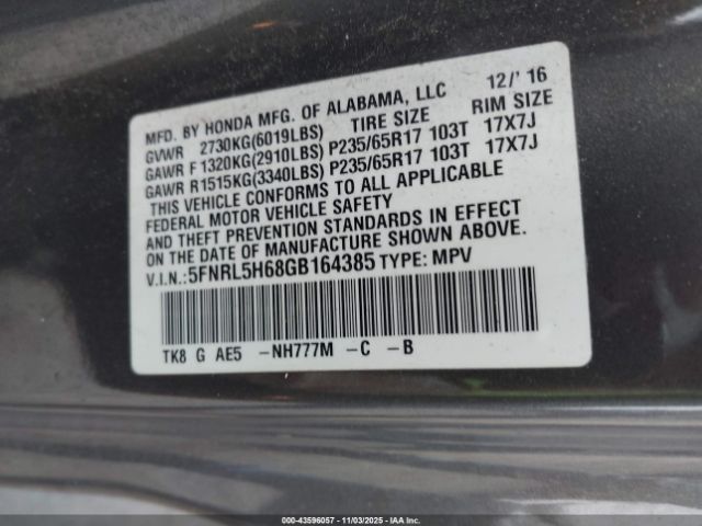 2016 HONDA ODYSSEY 5FNRL5H68GB164385 Photo 8