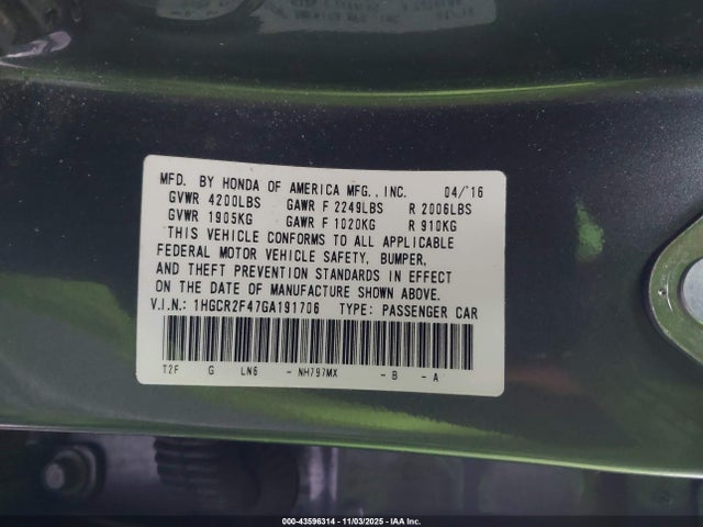 1HGCR2F47GA191706 Honda ACCORD LX