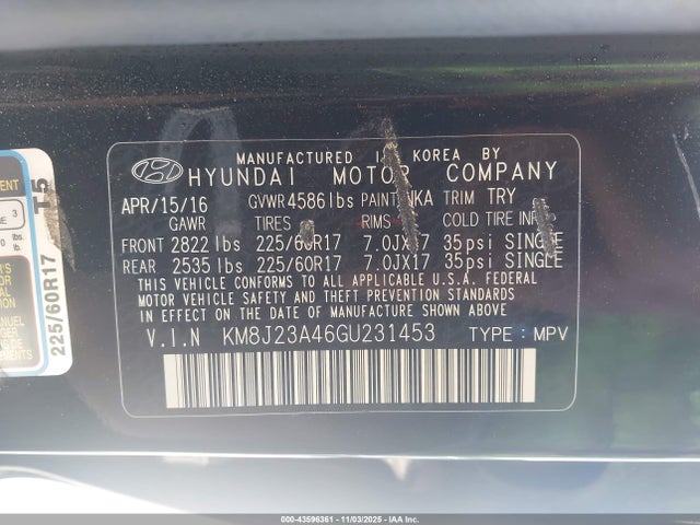 2016 Hyundai Tucson Se მანქანა იყიდება აუქციონზე, vin: KM8J23A46GU231453, აუქციონის ნომერი: 43596361