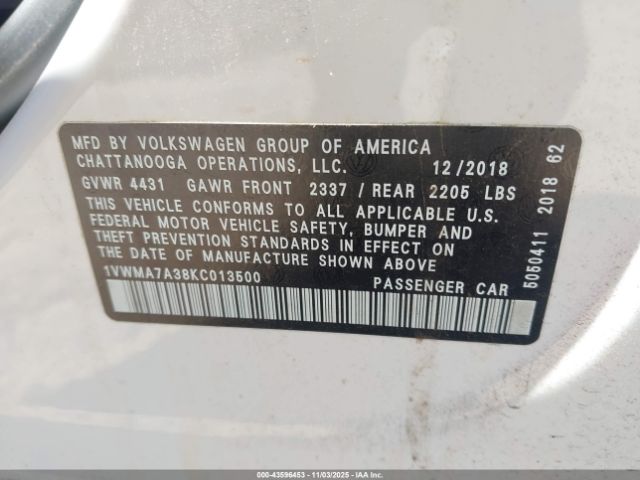 2019 VOLKSWAGEN PASSAT 1VWMA7A38KC013500 Photo 8