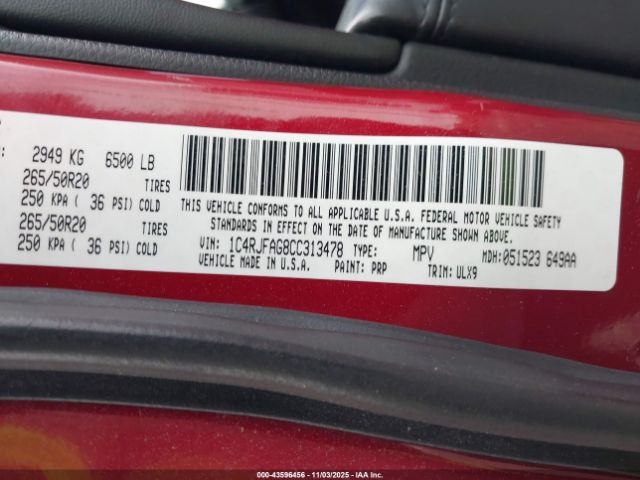 2012 JEEP GRAND CHEROKEE 1C4RJFAG8CC313478 Photo 8