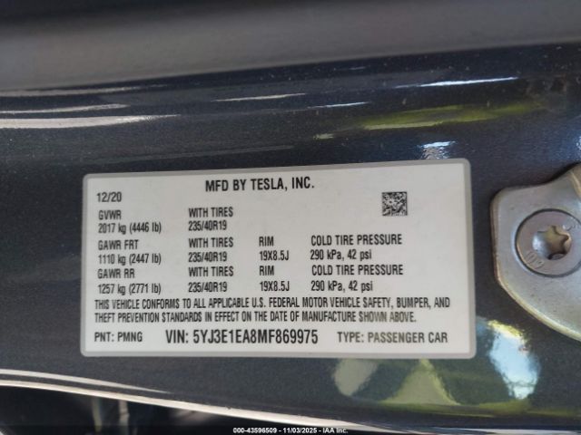 2021 TESLA MODEL 3 5YJ3E1EA8MF869975 Photo 8