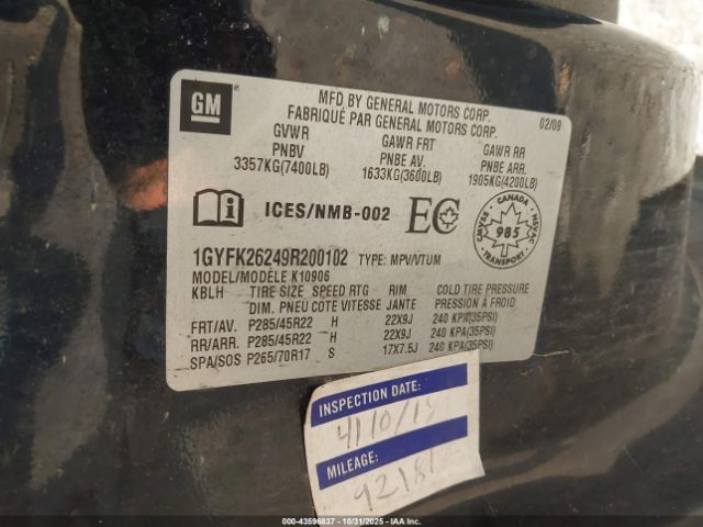 2009 CADILLAC ESCALADE ESV 1GYFK26249R200102 Photo 8