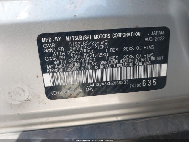 2022 MITSUBISHI OUTLANDER JA4J3VA8XNZ086833 Photo 8