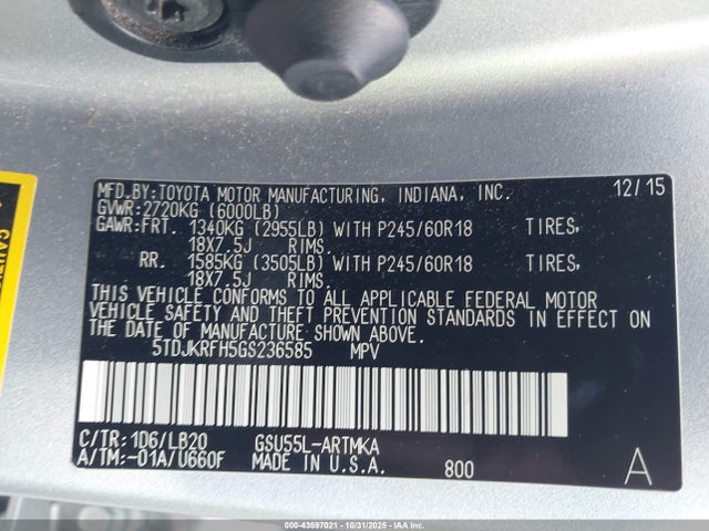 5TDJKRFH5GS236585 Toyota Highlander Xle V6