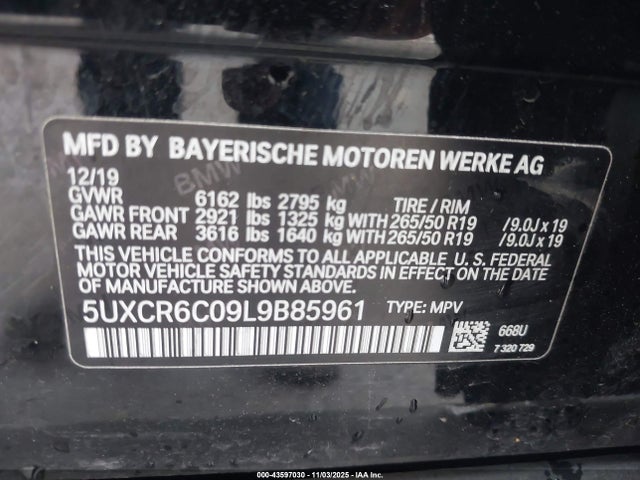 43597030 :رقم المزاد ، 5UXCR6C09L9B85961 vin ، 2020 Bmw X5 Xdrive40i مزاد بيع