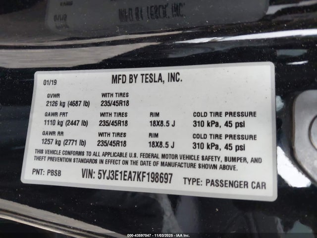 2019 TESLA MODEL 3 5YJ3E1EA7KF198697 Photo 8