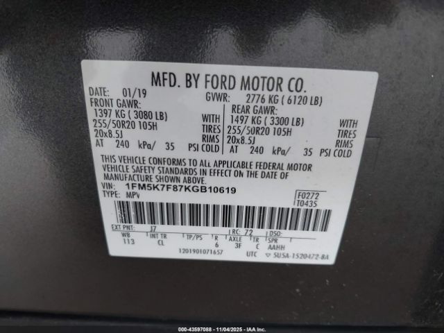 2019 FORD EXPLORER 1FM5K7F87KGB10619 Photo 8