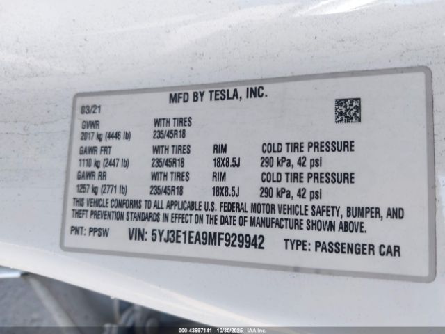 2021 TESLA MODEL 3 5YJ3E1EA9MF929942 Photo 8