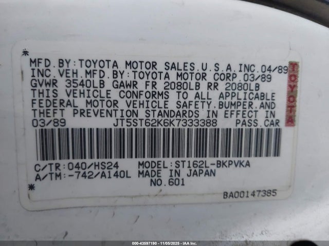 43597190 :رقم المزاد ، JT5ST62K6K7333388 vin ، 1989 Toyota Celica Gt مزاد بيع